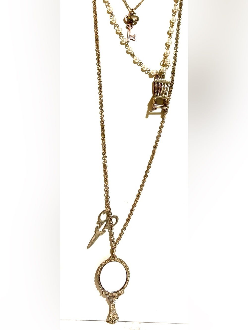 Vintage Gold-Tone Layered Necklace with Scissors, Chair & Hand Mirror Charms